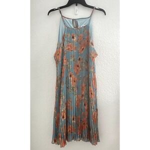 Ellames Pleated Mini Dress 2XL Blue Floral Flowy‎ Boho Resort Cruisewear Retro